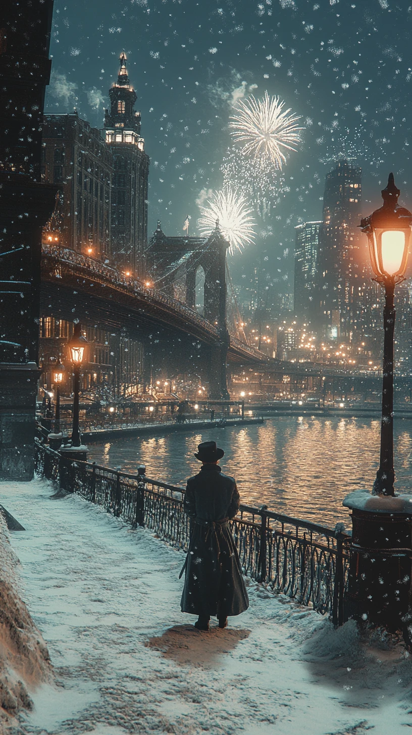 Woman on snowy riverbank under new year fireworks