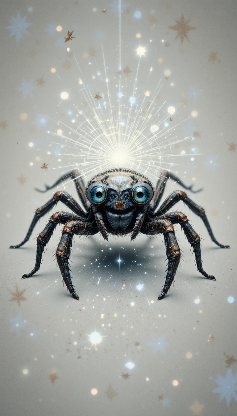Verspielte, lächelnde Spinne mit leuchtenden Augen auf weißem Hintergrund