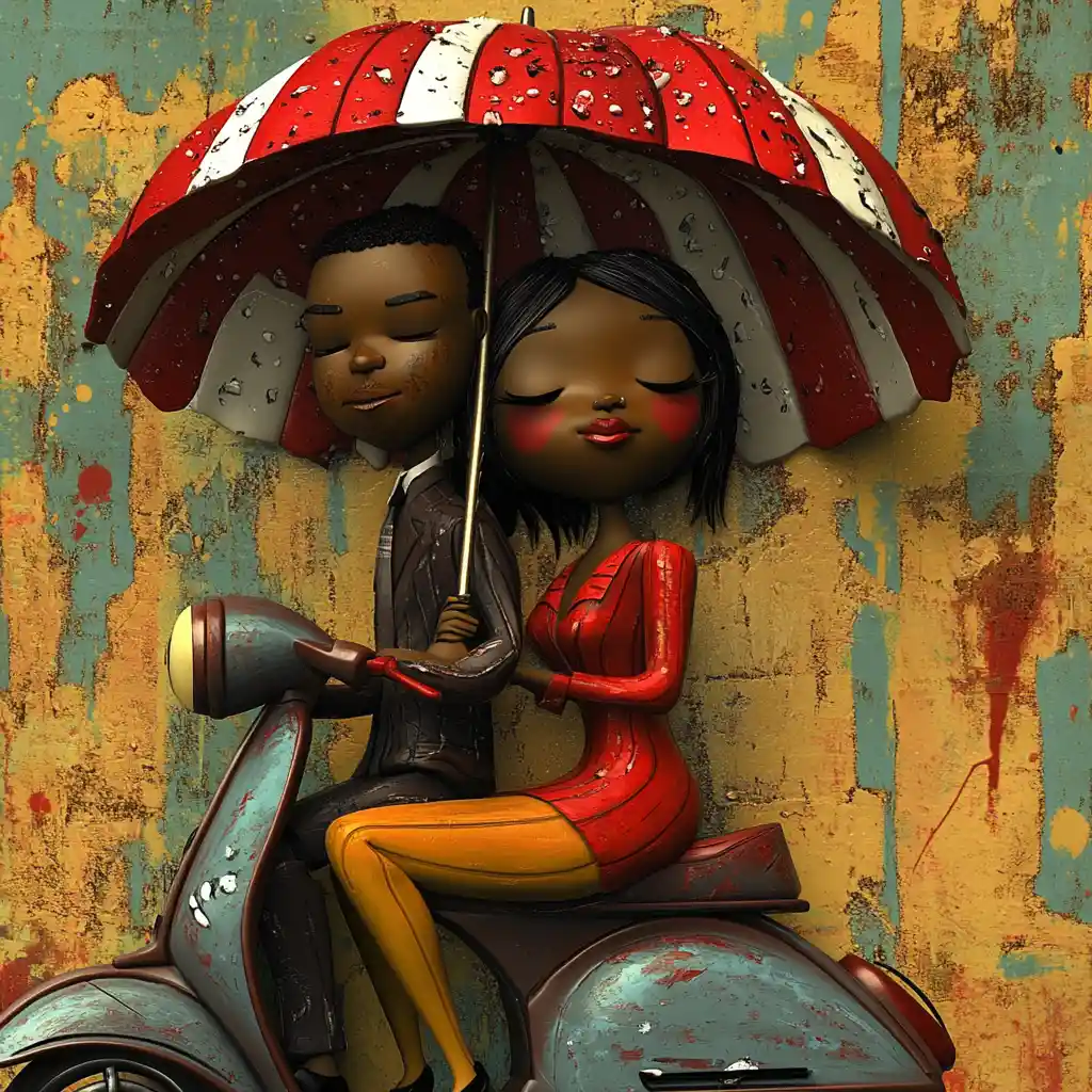African American couple on moped in rainy 3D city scene