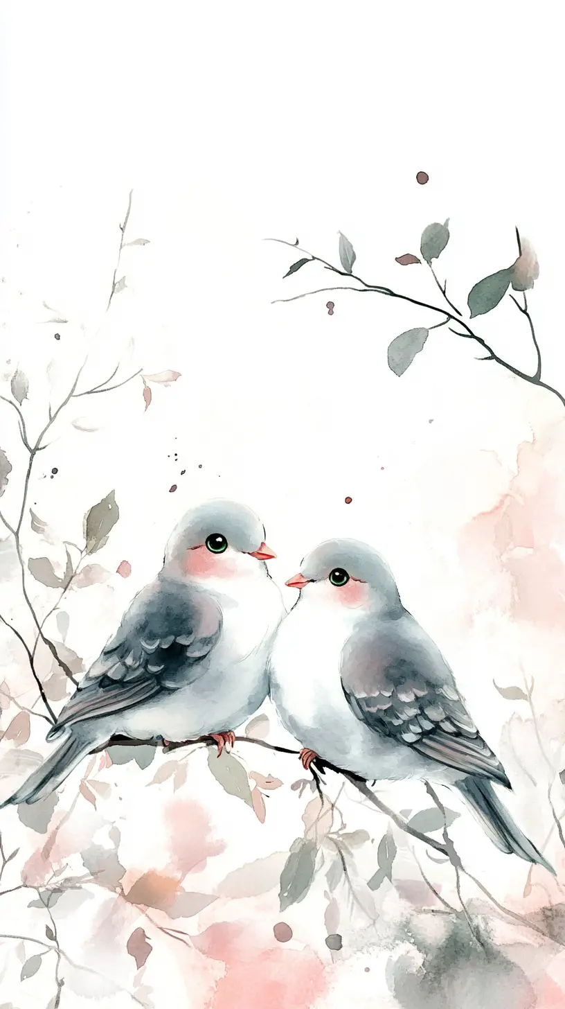 Two smiling doves on a branch in soft watercolor