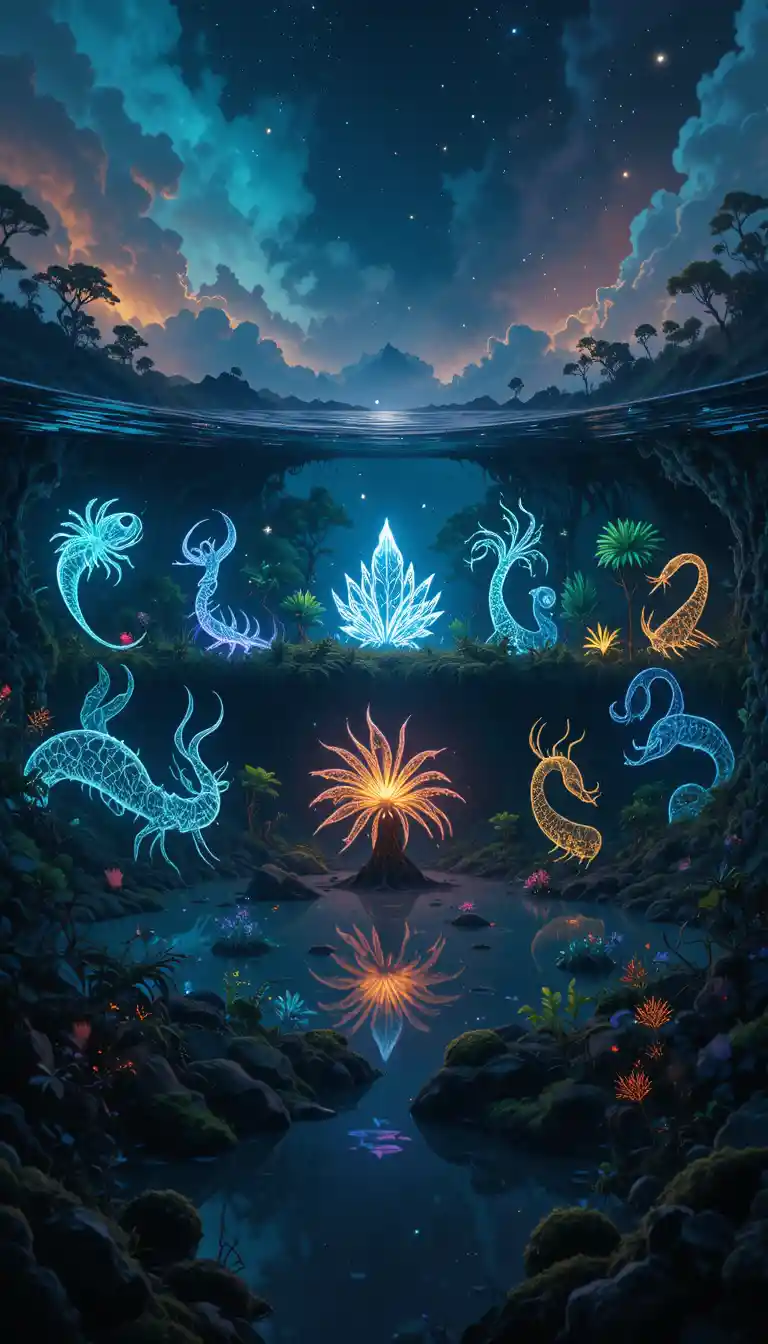 Panoramic bioluminescent creatures across land sea and sky