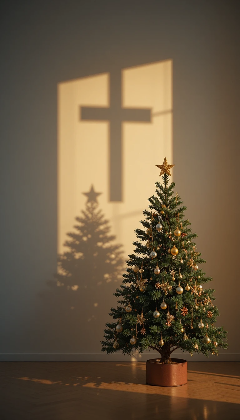 Christmas tree casting a subtle cross shadow in low light