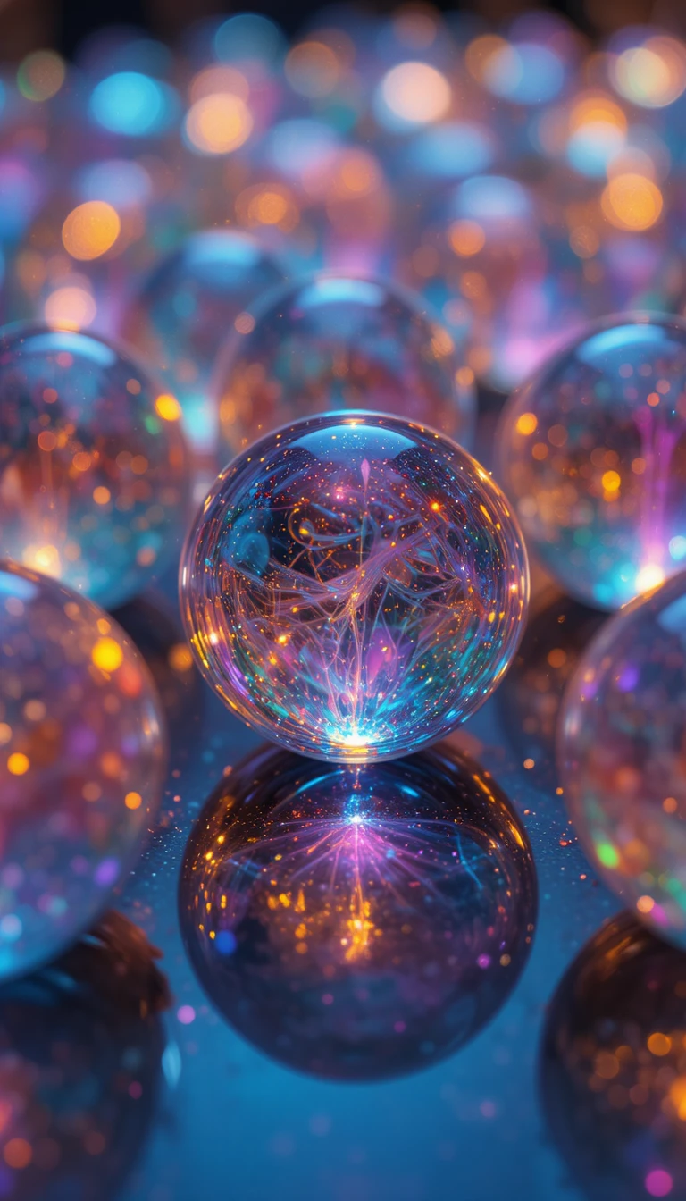 Close up of glowing glass spheres on reflective surface