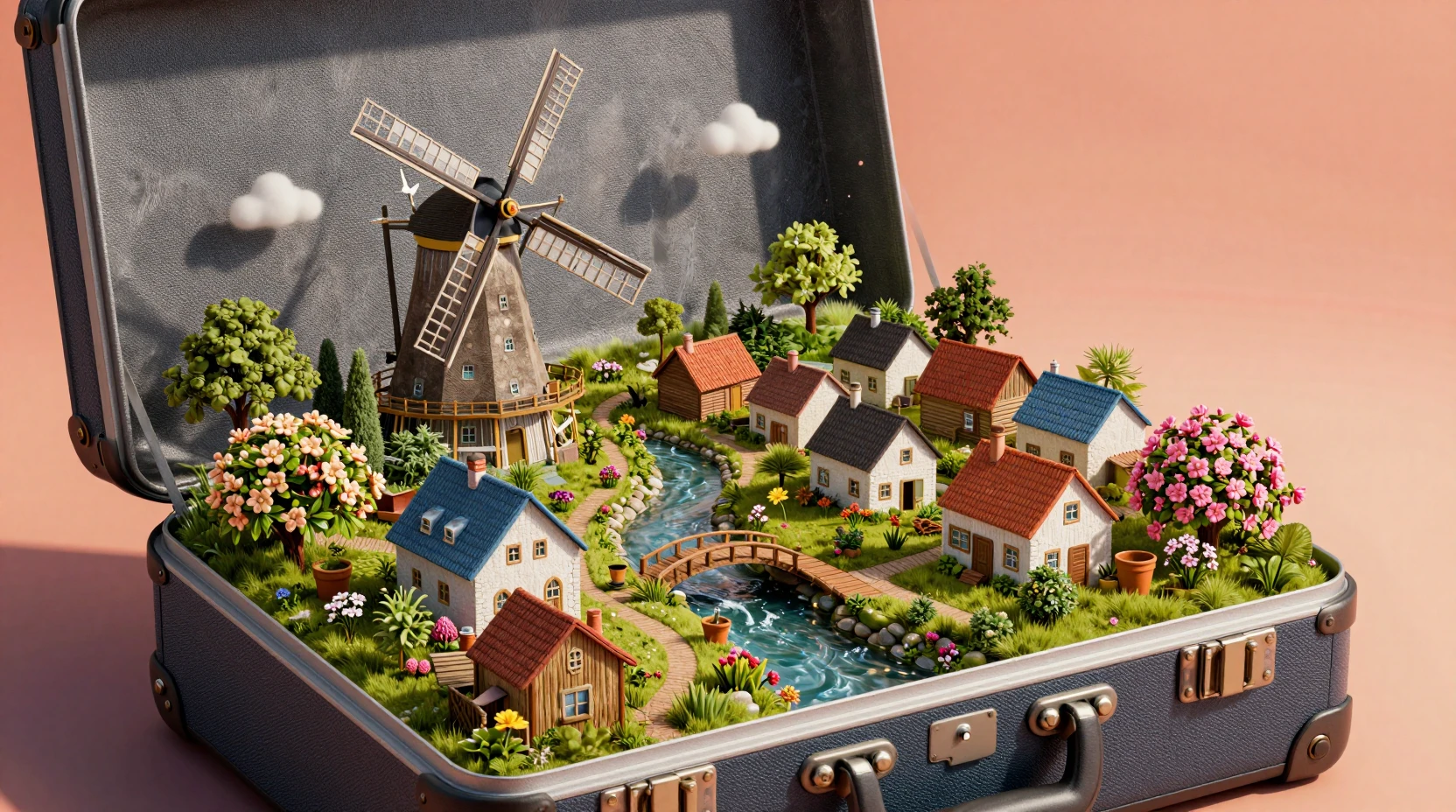 Open suitcase revealing a tiny countryside world inside
