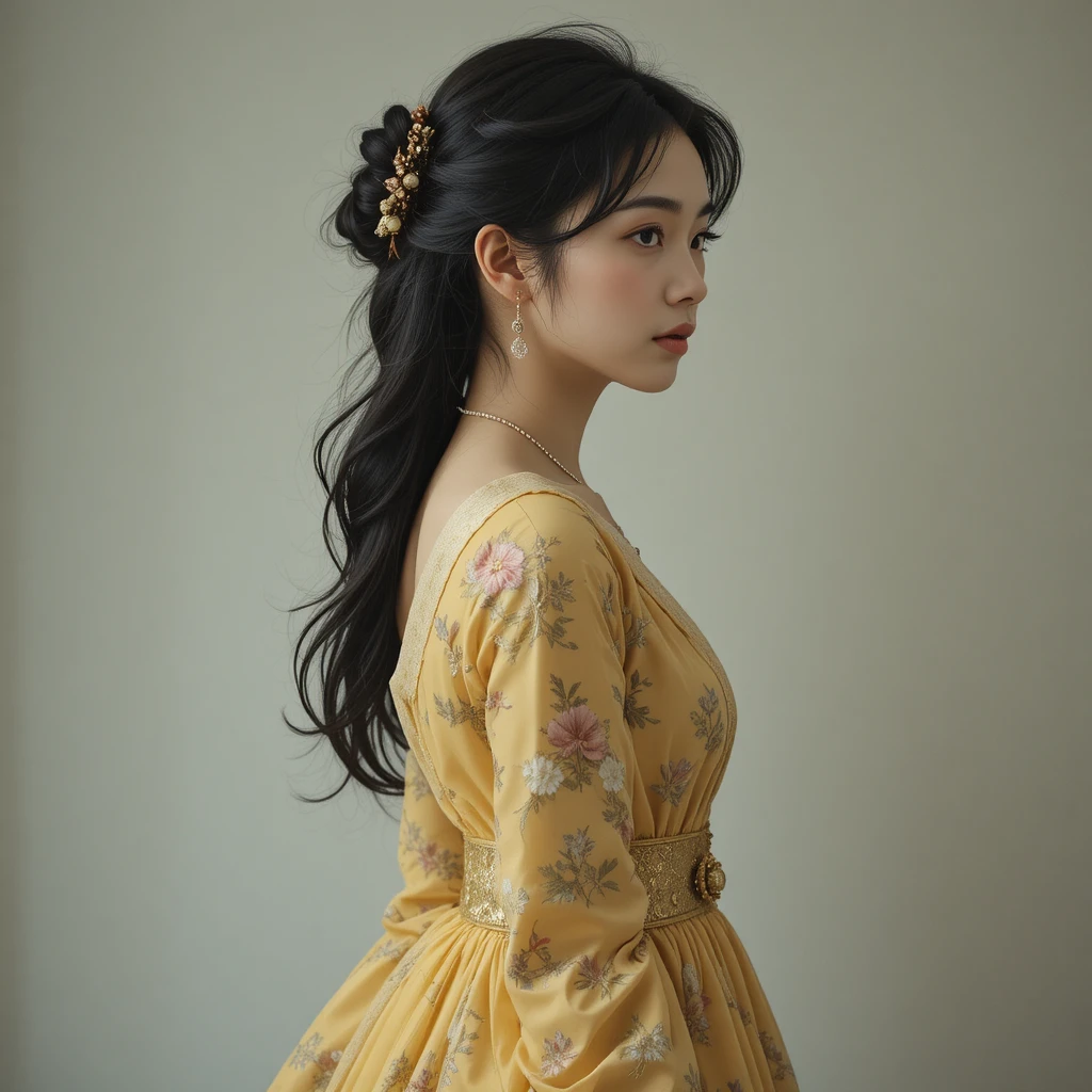 Young Asian woman in yellow floral dress portrait
