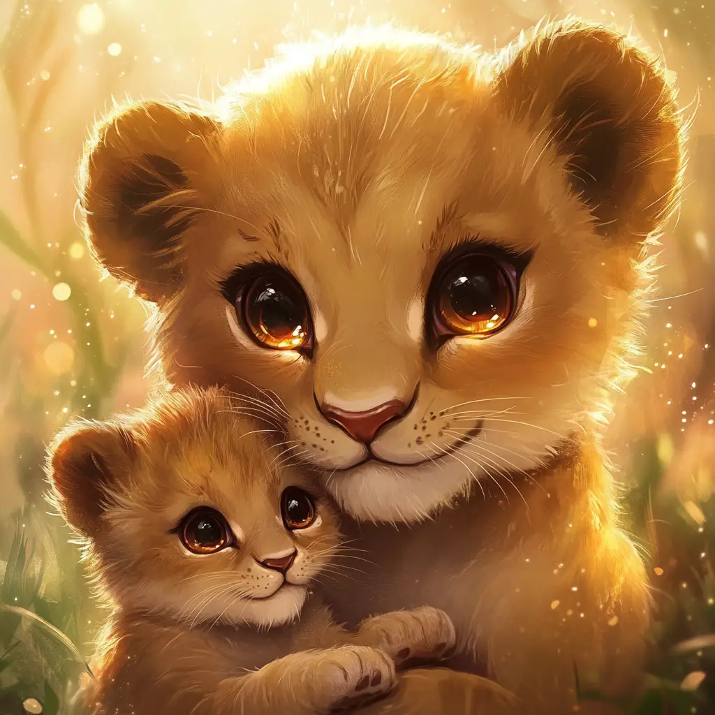 Kawaii chibi lioness cuddling her cub in savanna light