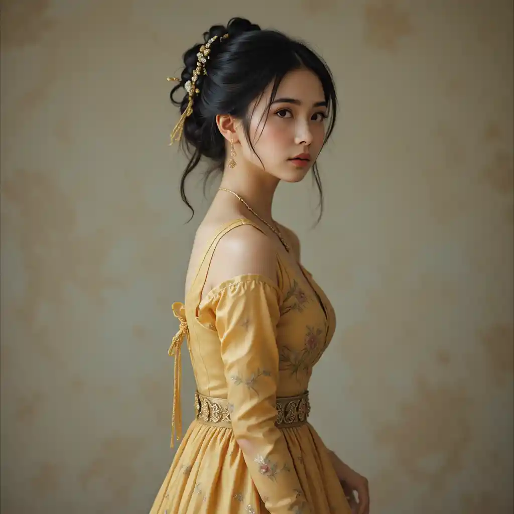 Thoughtful young woman in a yellow floral dress