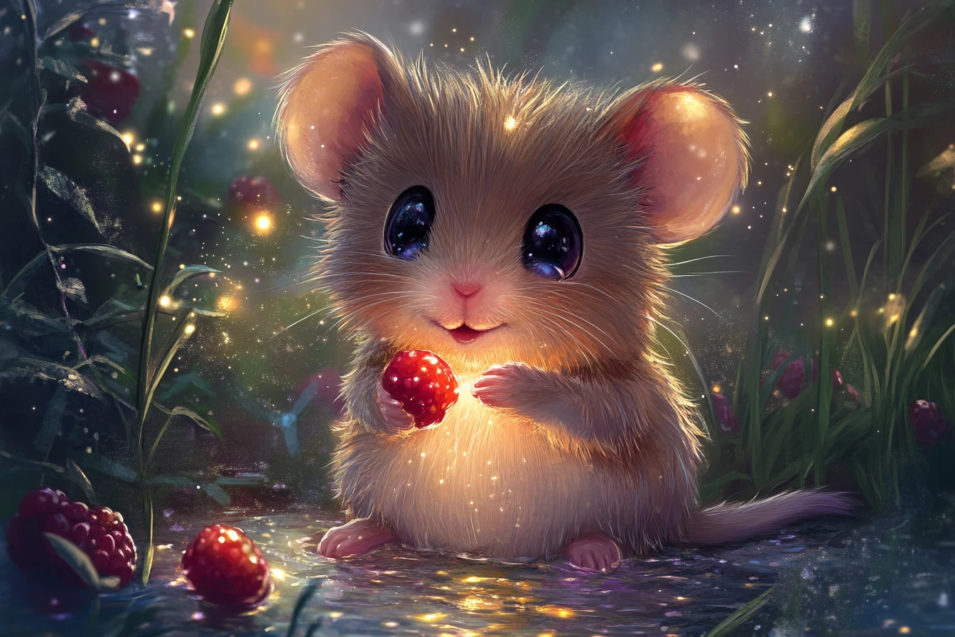 Joyful chibi bank vole holding a glowing berry