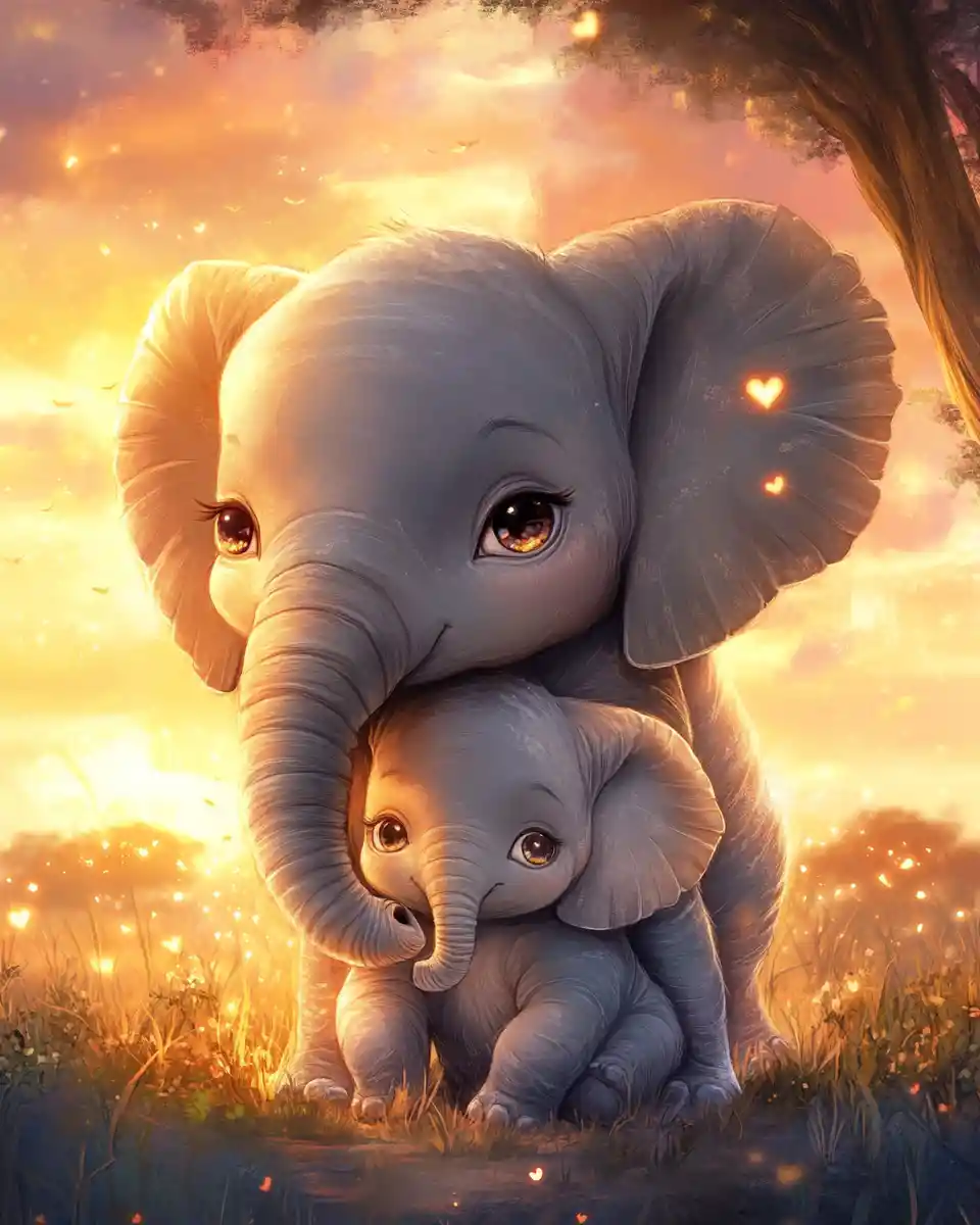 Maman éléphant tendre câlinant son bébé dans la savane au coucher du soleil