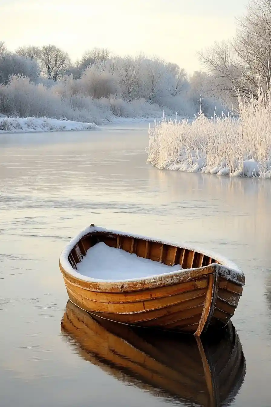 Small wooden boat drifting quietly on a river