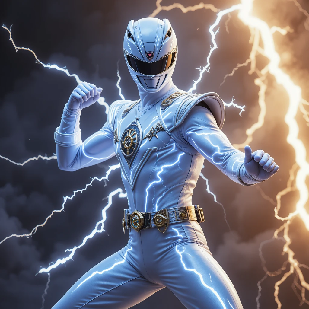 White armored superhero in kung fu pose with electric lightning