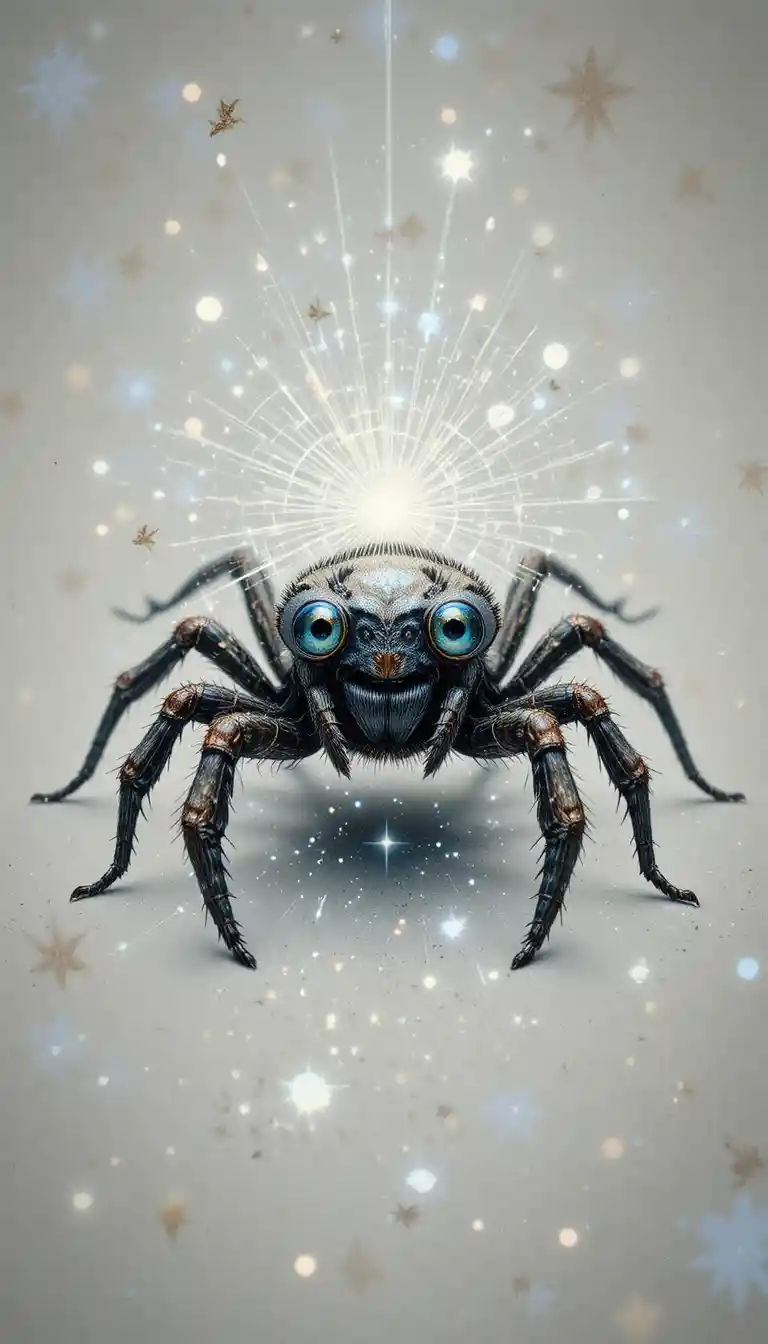 Verspielte, lächelnde Spinne mit leuchtenden Augen auf weißem Hintergrund