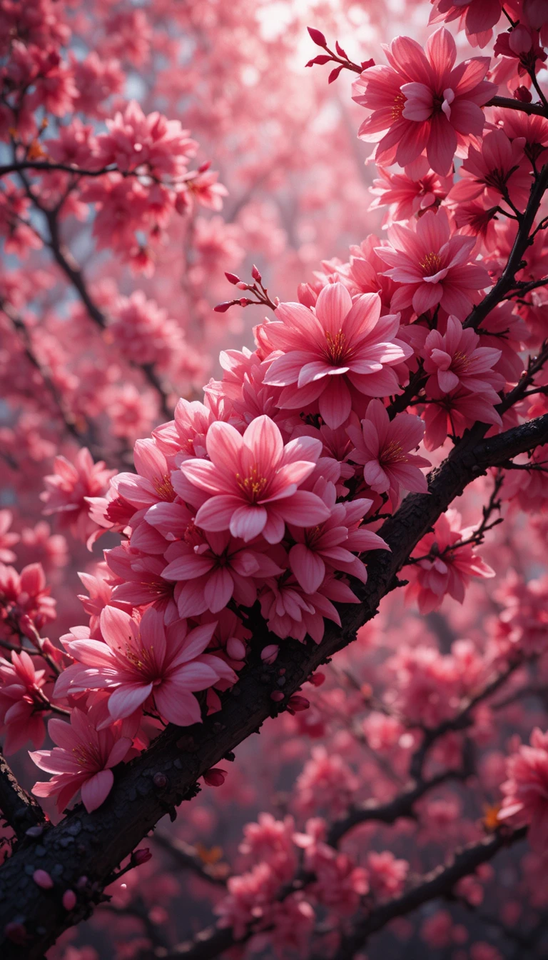 Surreal Manga Cherry Blossom Branch In Full Red Bloom