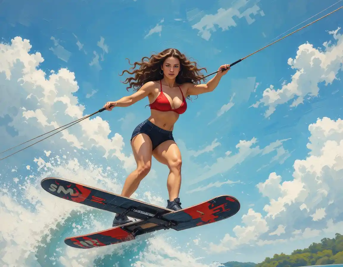 Athletic woman jumping on water skis under cloudy sky