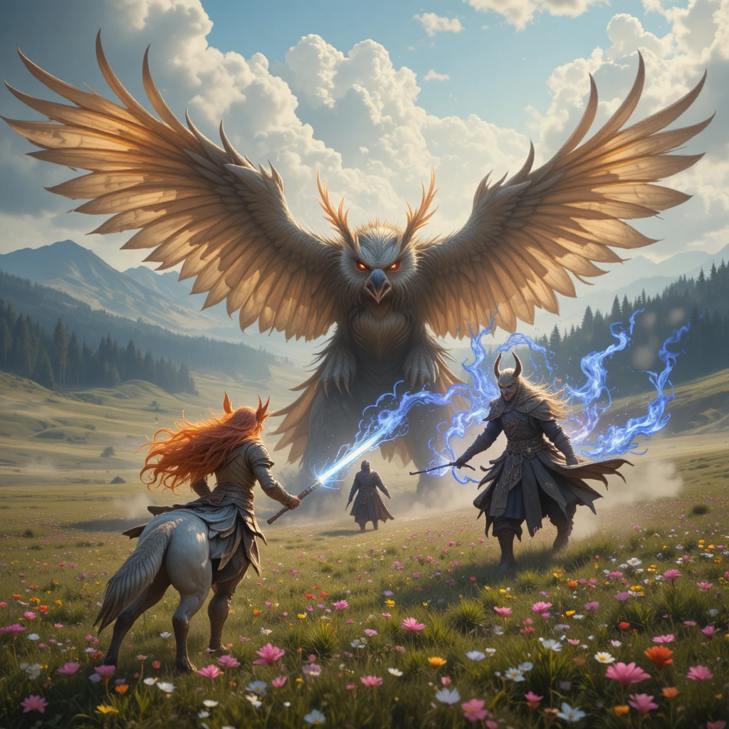 Elemental warriors clash on a prairie in epic fantasy battle