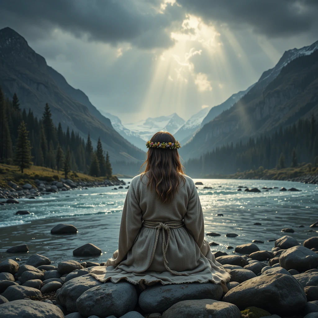 Donna in abito che contempla una valle glaciale