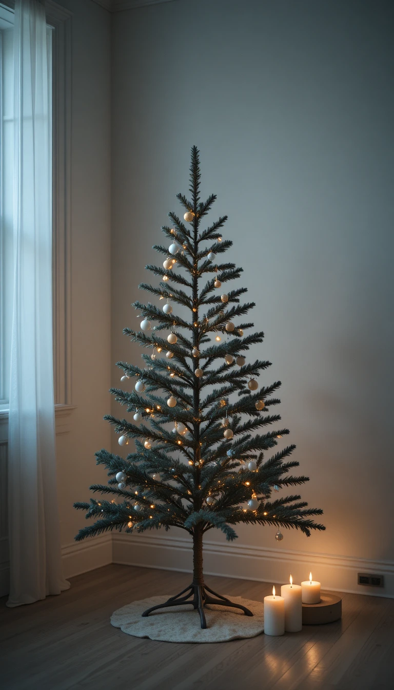 Minimalistischer Weihnachtsbaum im warmen Kerzenlicht eines Innenraums