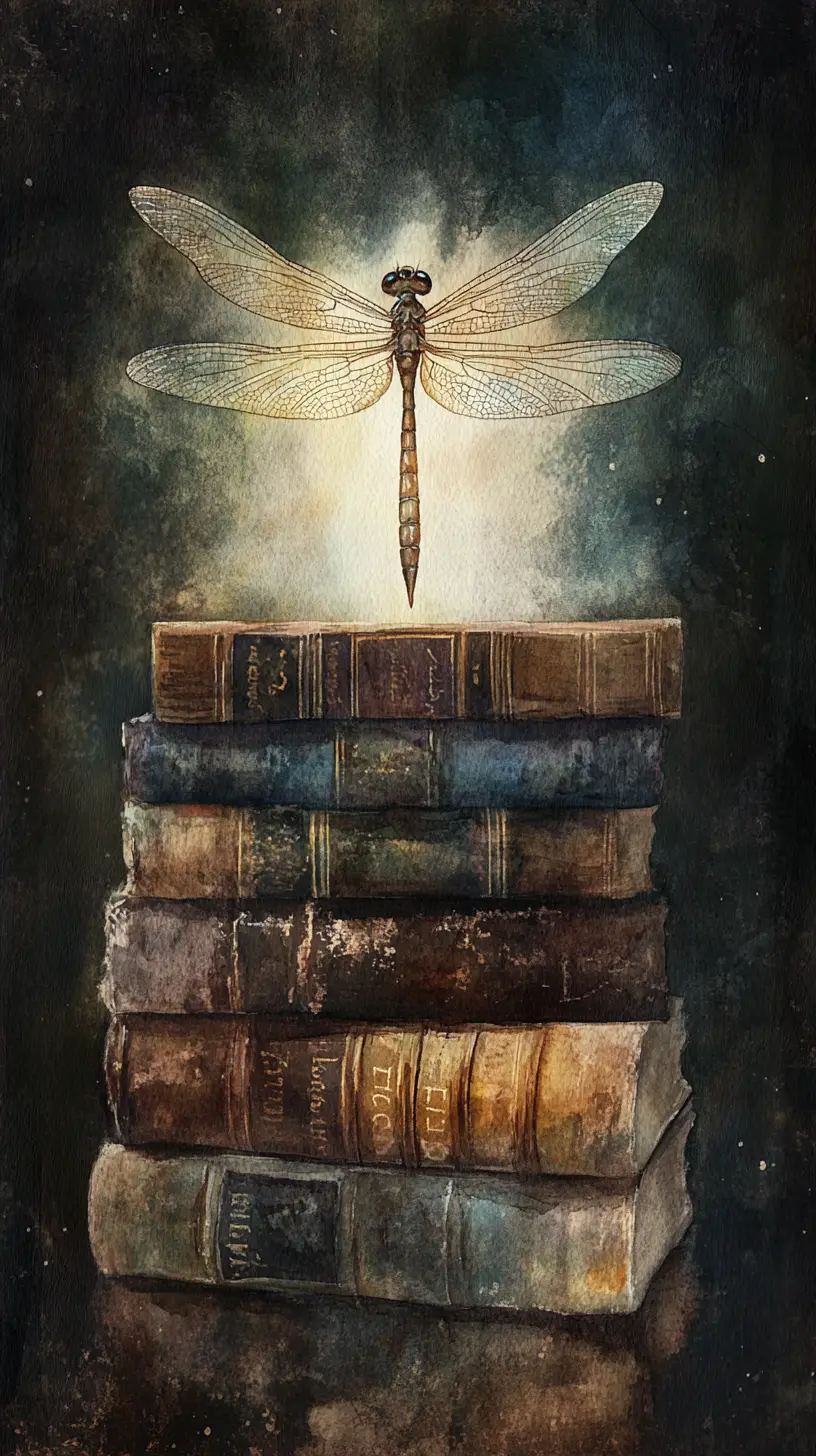 Aquarell-Libelle auf Vintage-Büchern im leuchtenden Dunkel