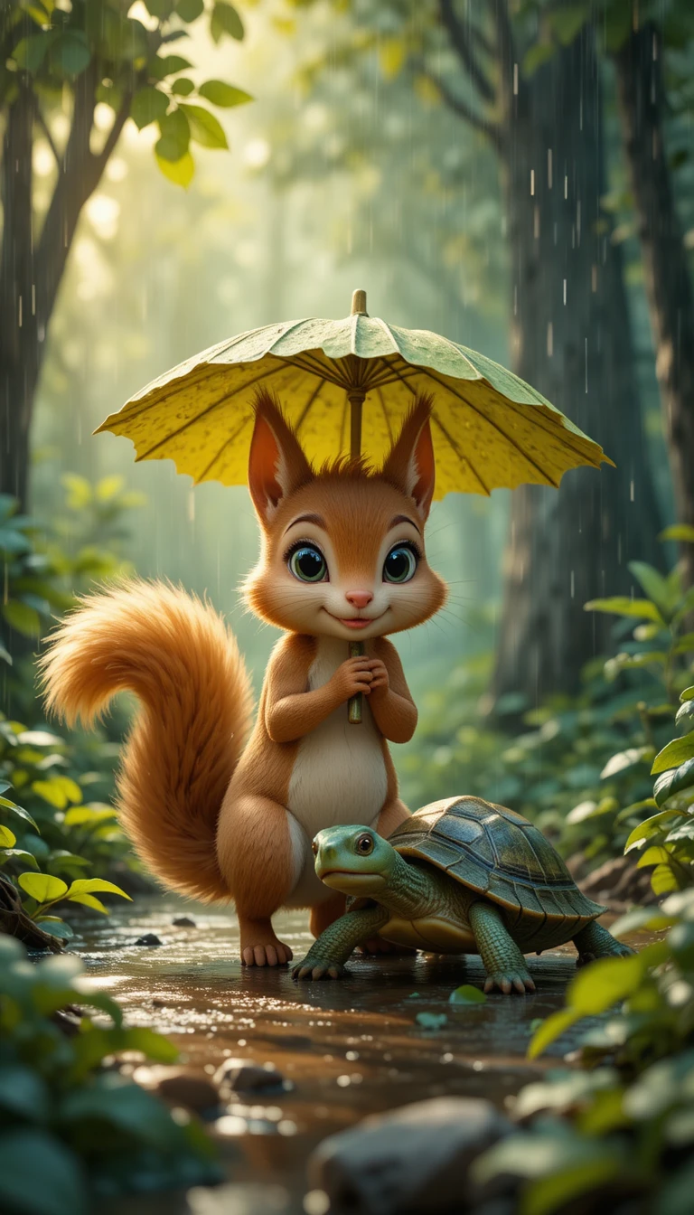 綠色森林中一起躲雨的卡通松鼠和烏龜