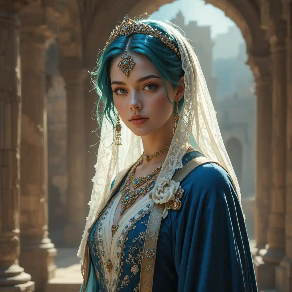 青綠色長髮貴族女子穿著藍色天鵝絨斗篷