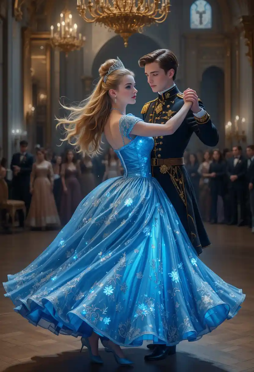 Young Cinderella Waltzing With A Prince In A Grand Ballroom