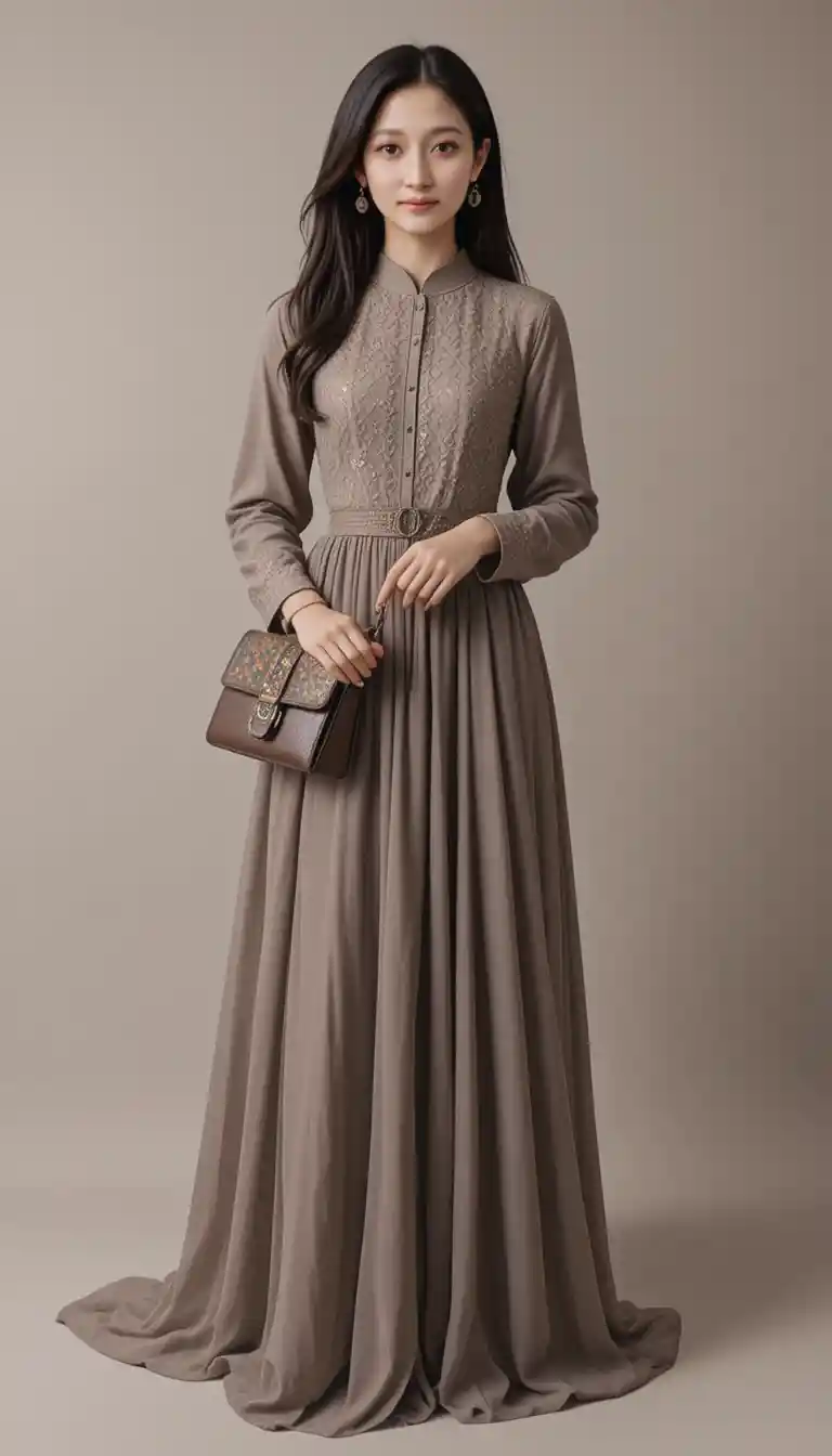 Woman in a long modest gown holding a purse