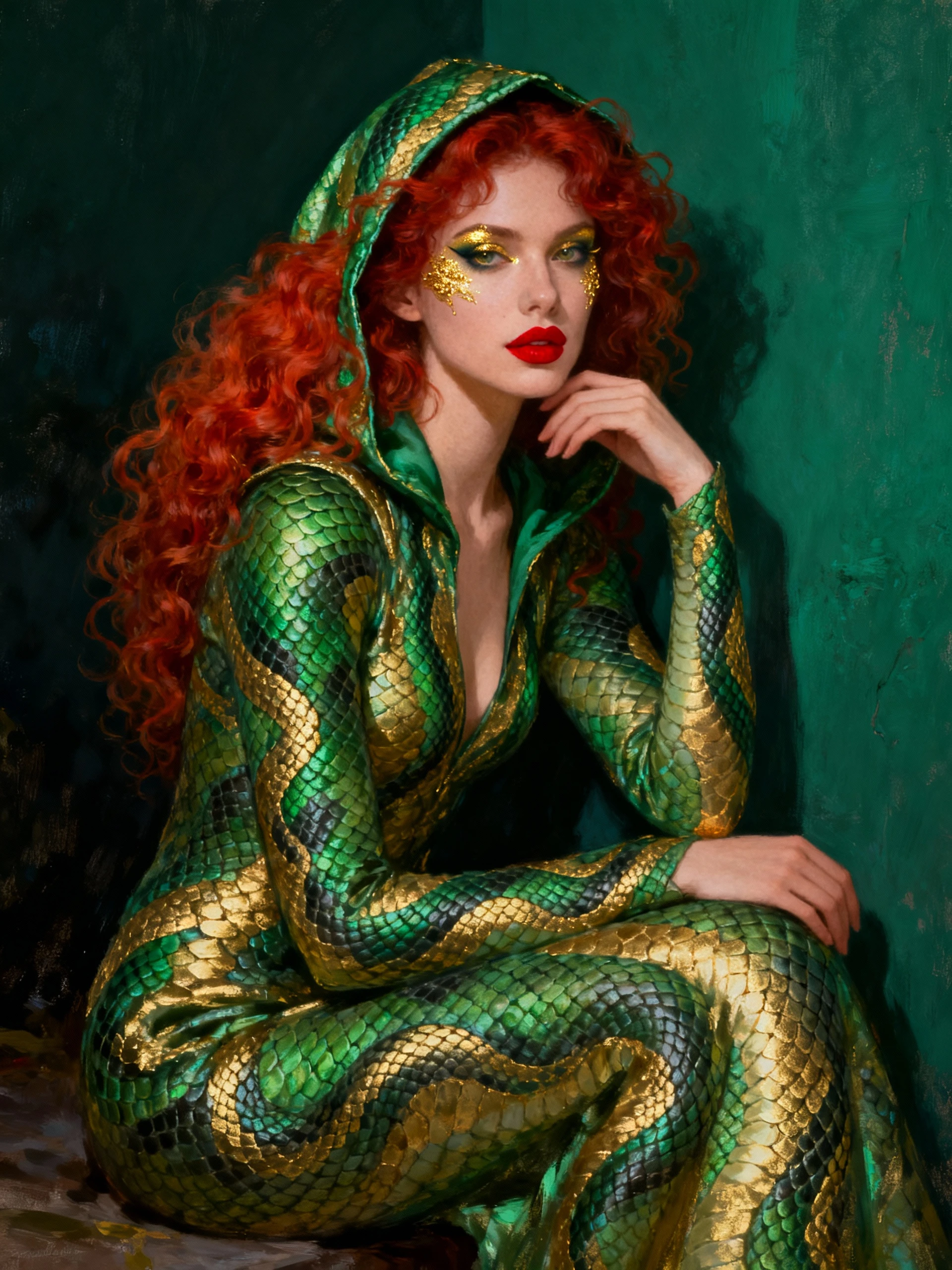 Mysterious red haired woman in serpent inspired green attire