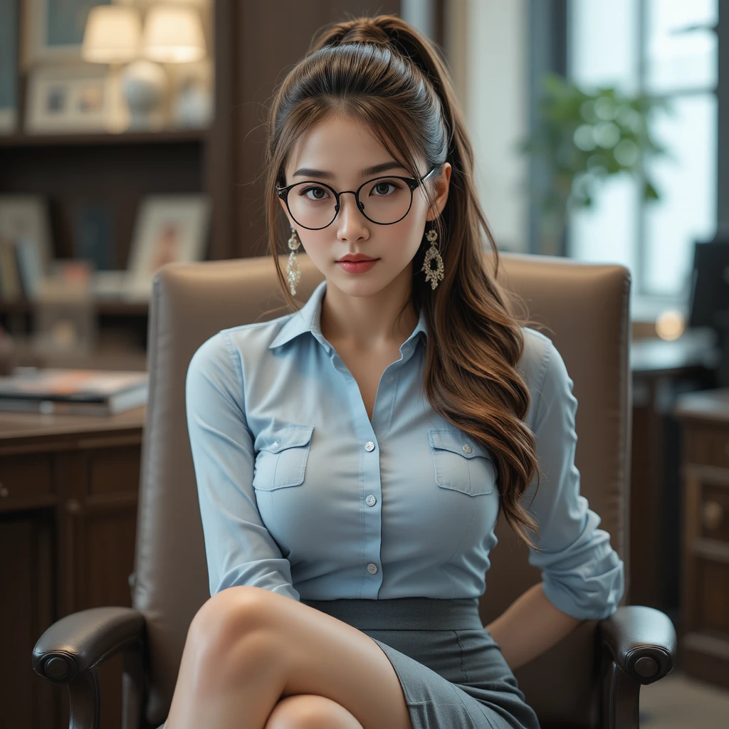 Elegant woman seated in an office chair with legs crossed