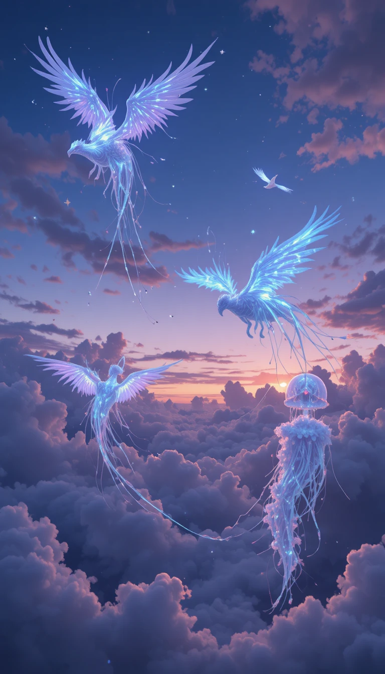 Bioluminescent Creatures Soaring Through A Dreamlike Twilight Sky
