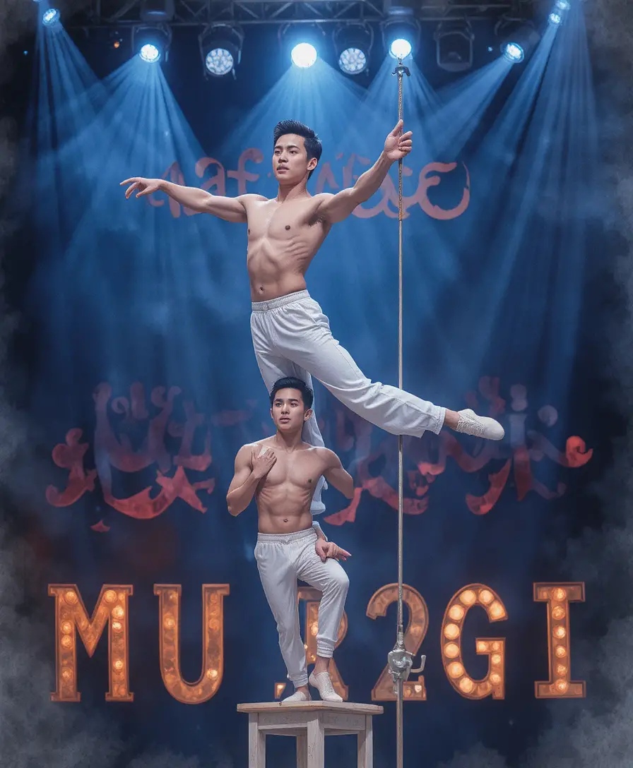 Two male acrobats balancing in a dramatic stage performance