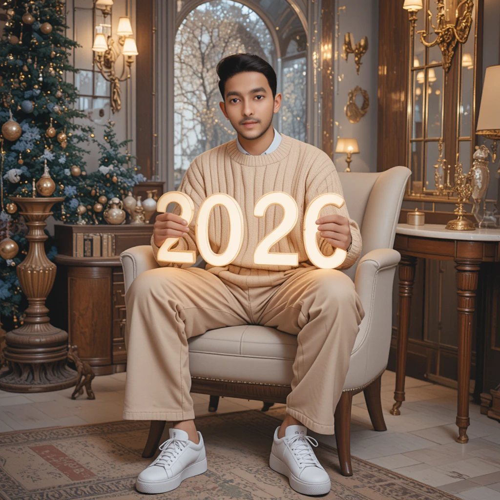 Man holding glowing 2026 text in cozy festive interior