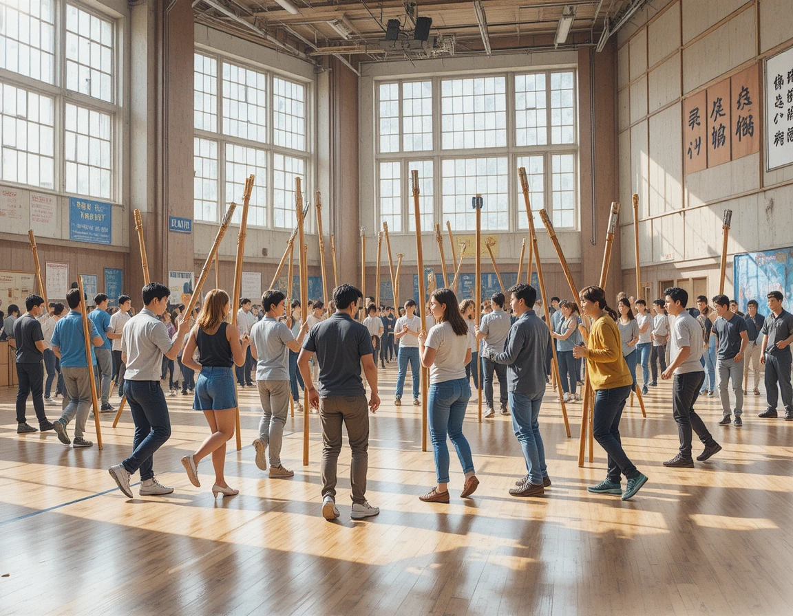 People playing musical chairs game in a bright gym