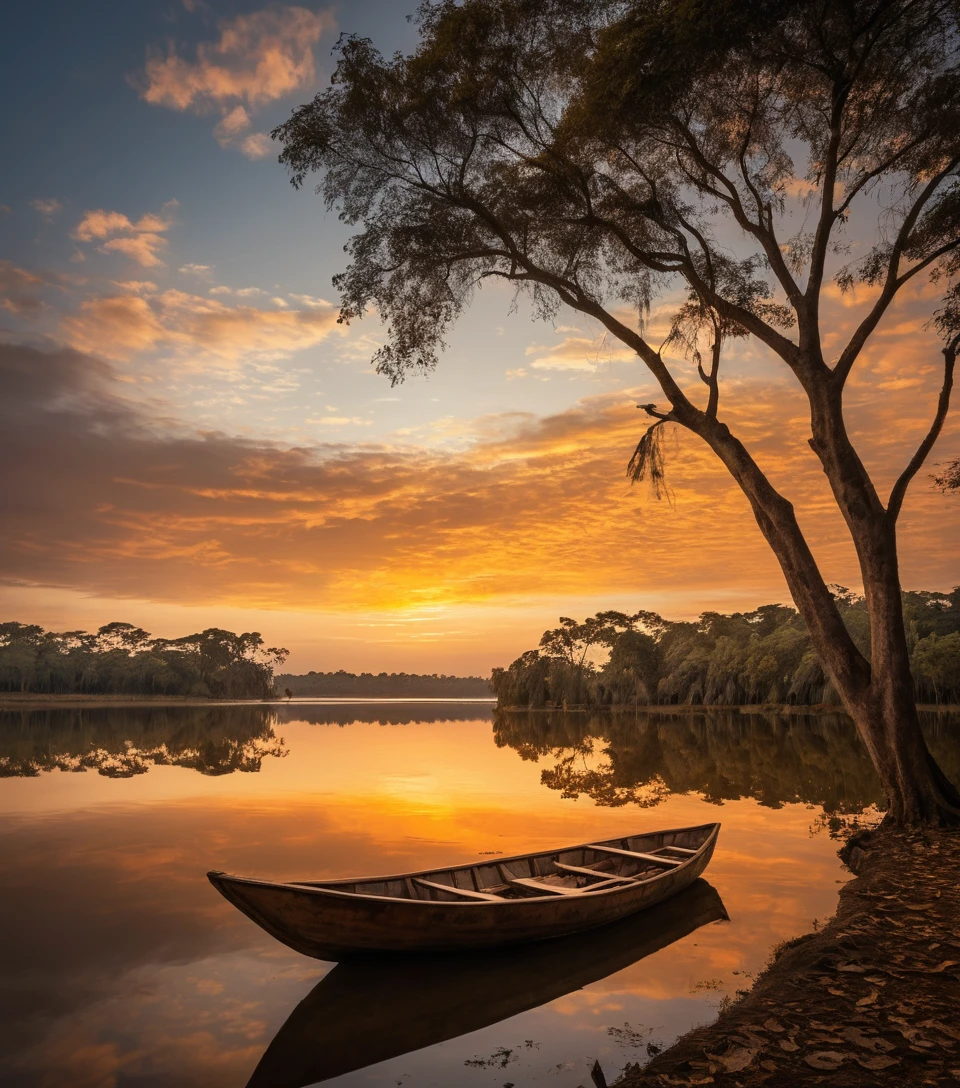 Barca de madera en río tranquilo al atardecer cálido