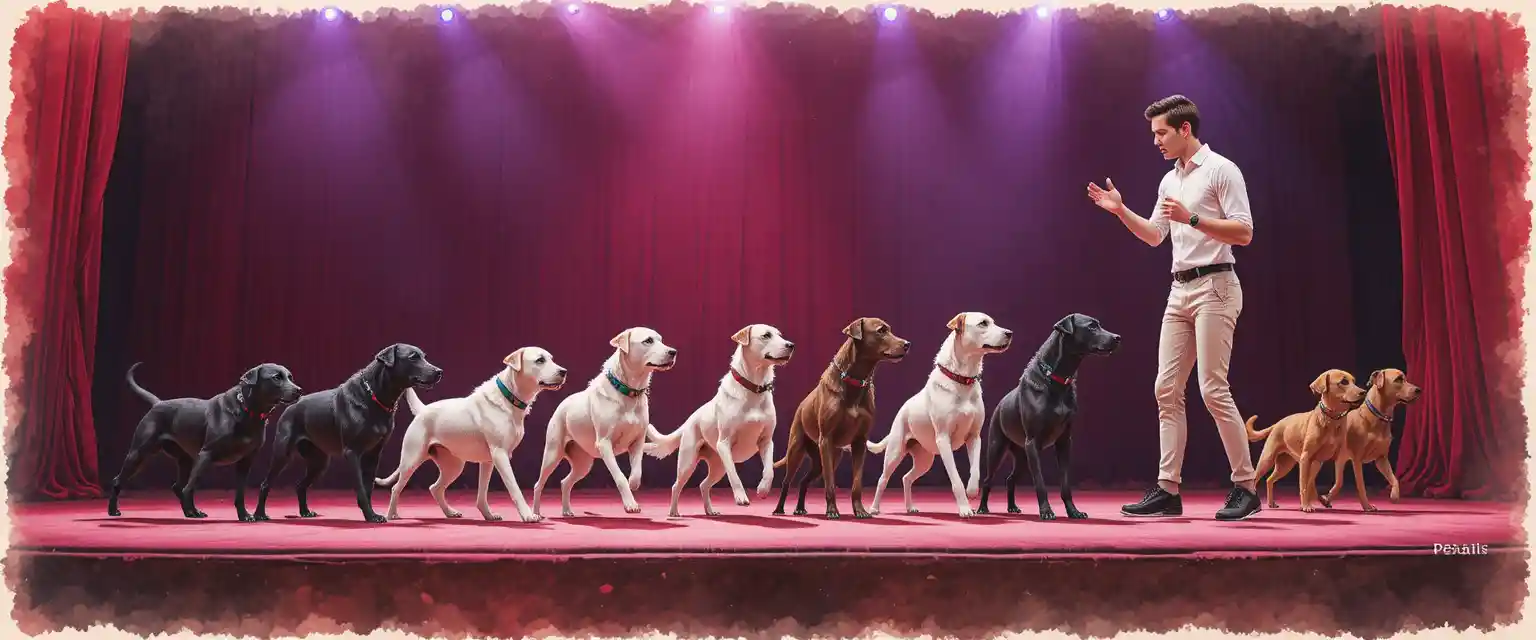 Hunde-Agility-Show auf roter Bühne mit Traineranleitung