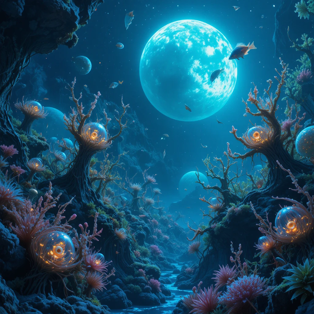 Alien ocean filled with glowing surreal sea creatures