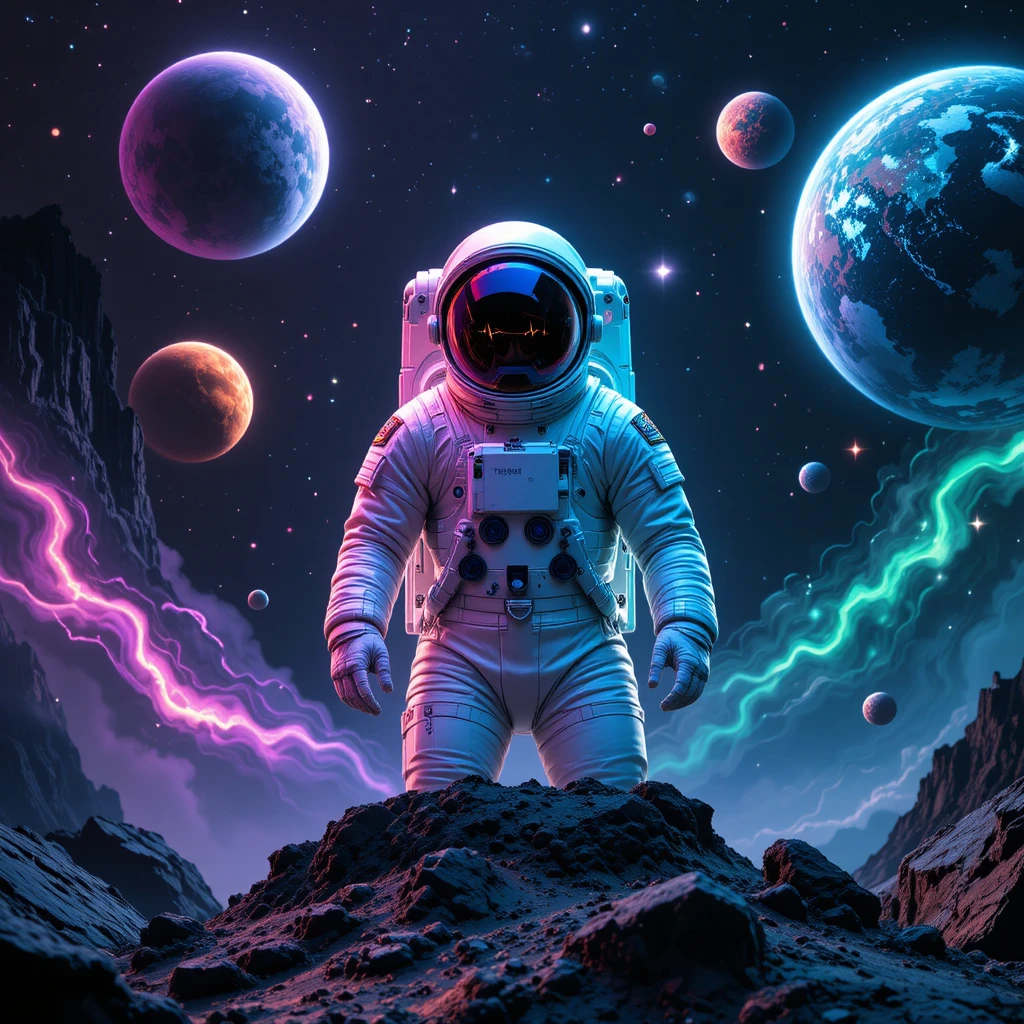 Astronauta in paesaggio cosmico vibrante con pianeti colorati