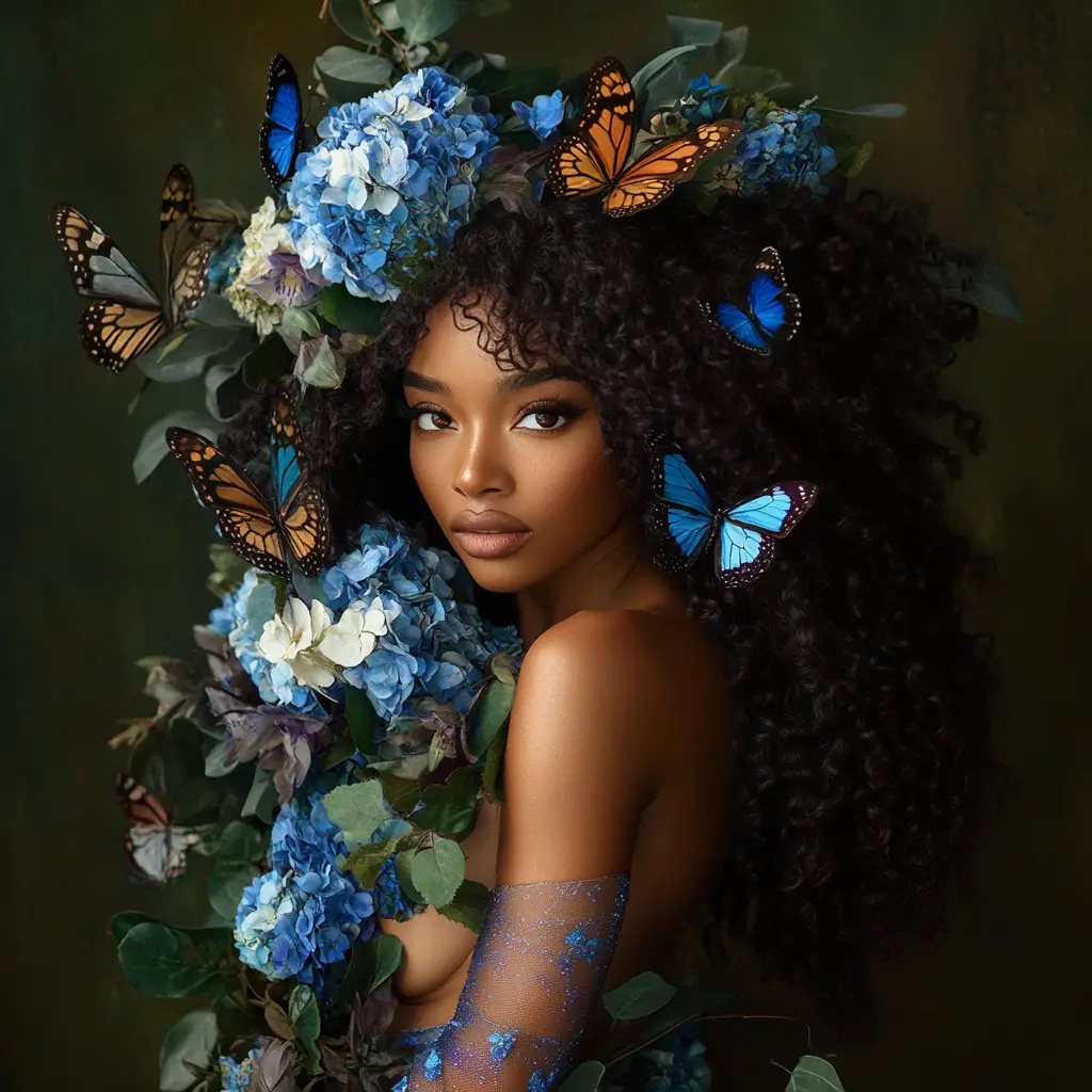 Confident black woman portrait with flowers and butterflies