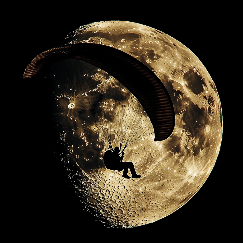 Silhouetted paraglider flying before an enormous moon