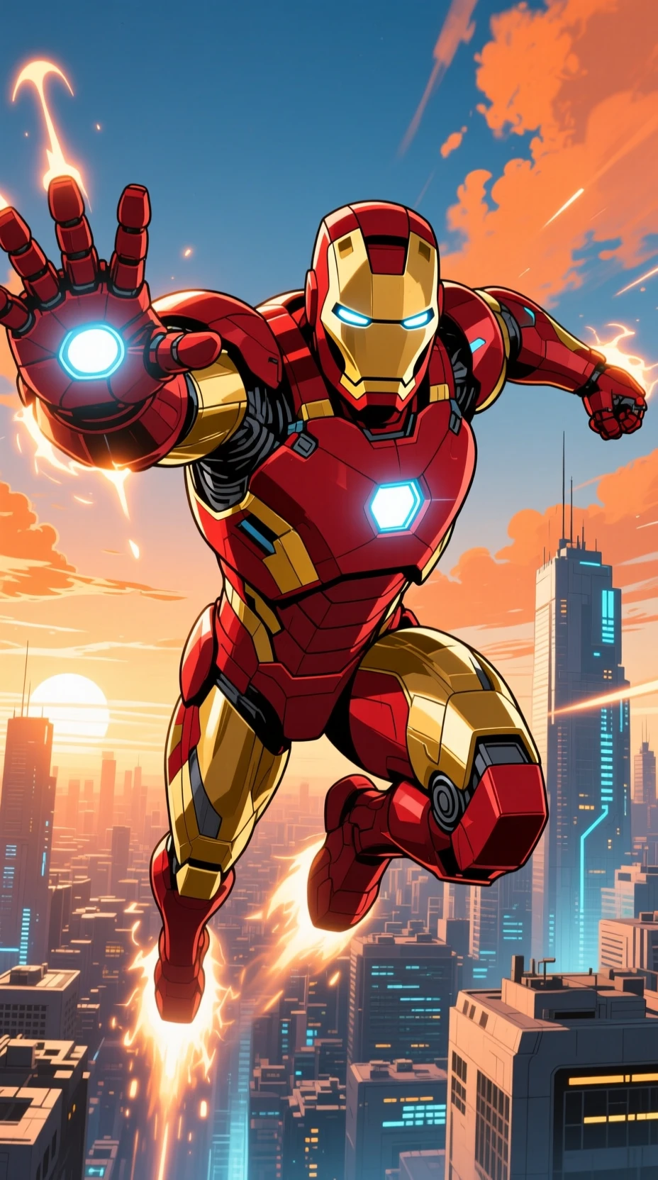Armored superhero flying over a futuristic city at dawn