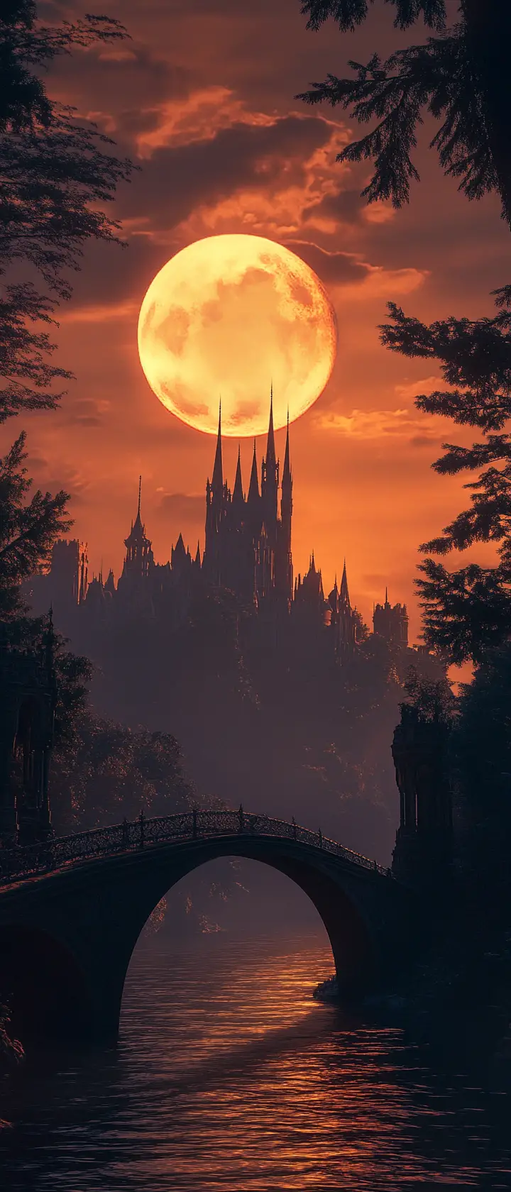 Crooked bridge to gothic castle under crescent moon