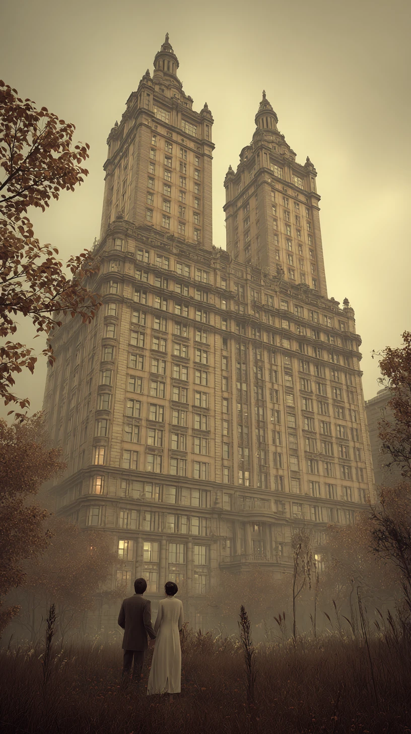 Surreal eerie New York cityscape with retro beige tones
