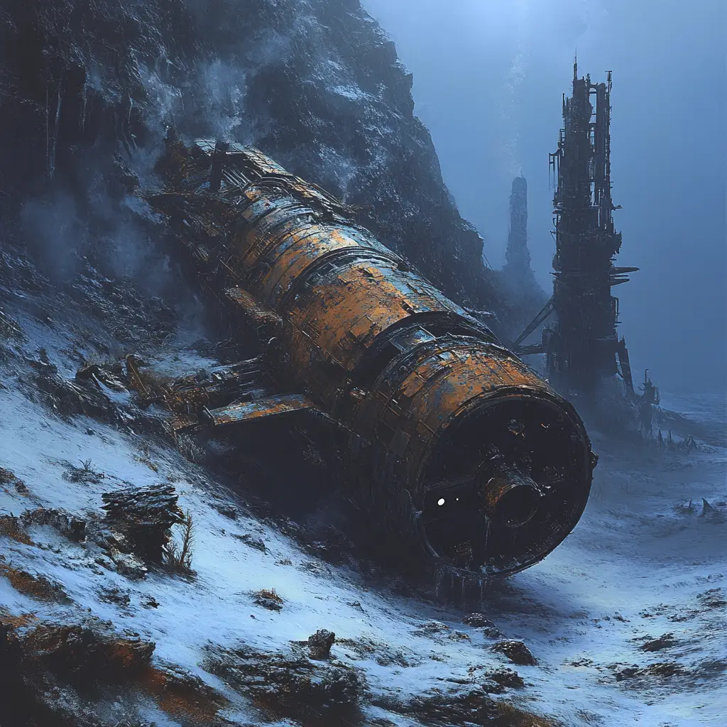Submersible Wreck On Silent Bioluminescent Ocean Floor