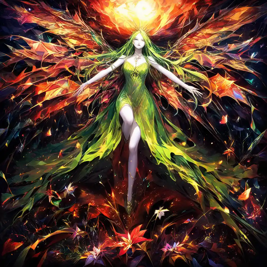 Green haired fairy in a surreal apocalyptic twilight sky