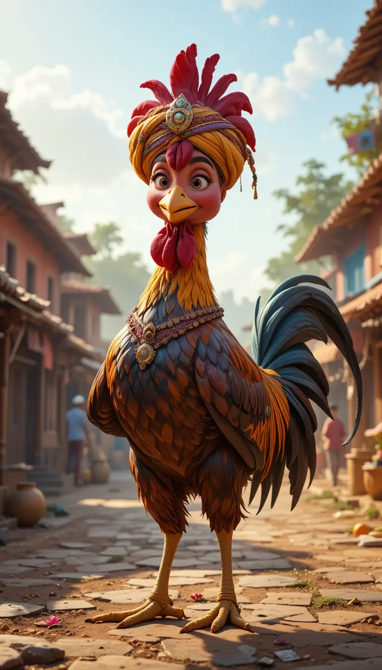 Proud rooster leader in a colorful Indian village morning