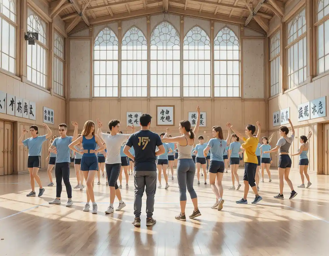 Groupe pratiquant l’antipodisme avec des tonneaux dans un gymnase lumineux