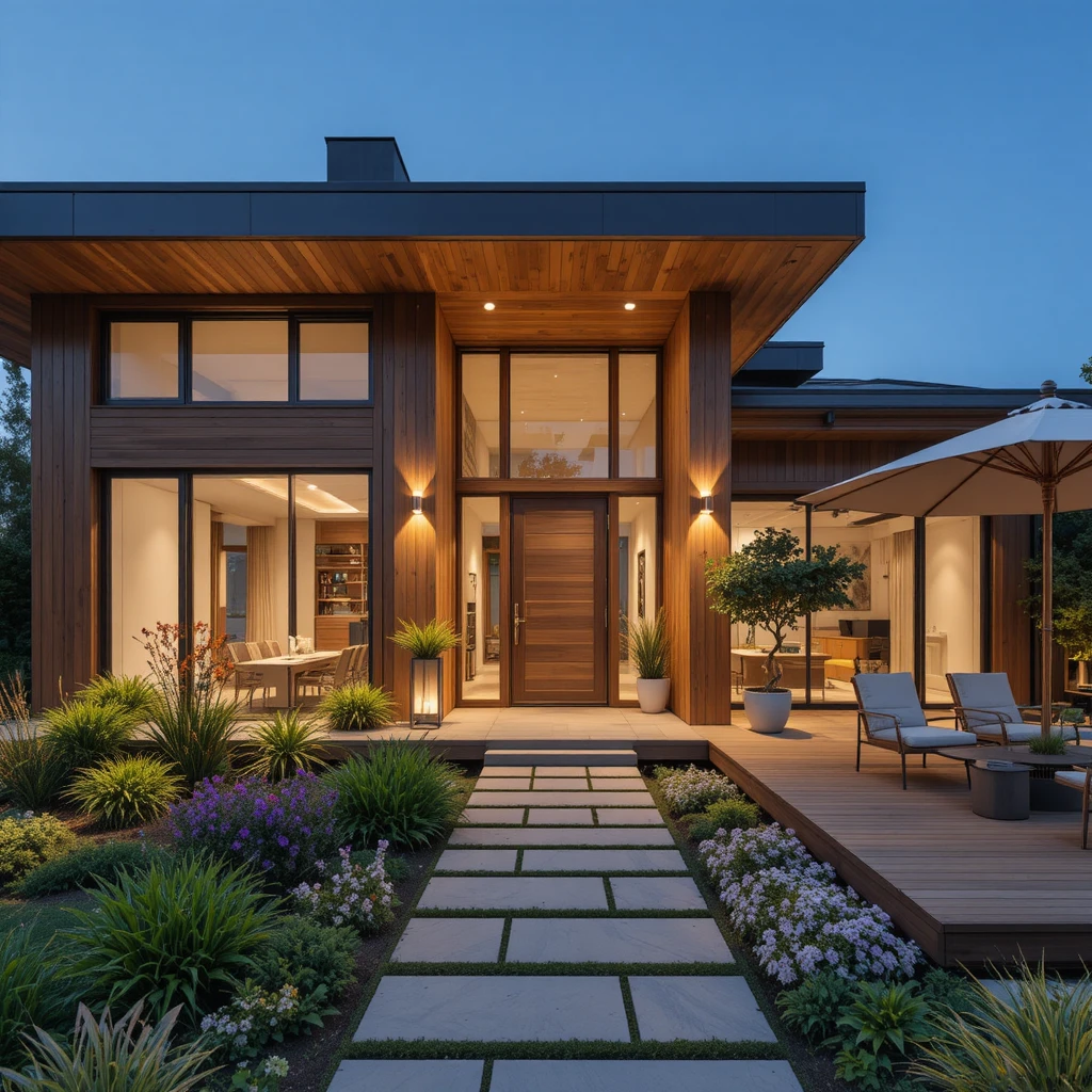 Modern house with wood facade and large glass windows