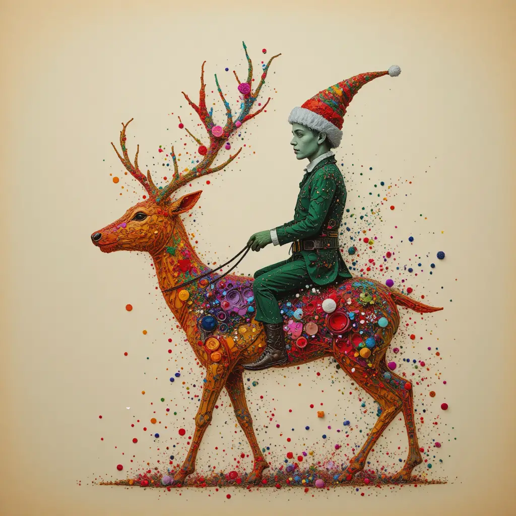 Colorful elf silhouette riding a reindeer on beige background