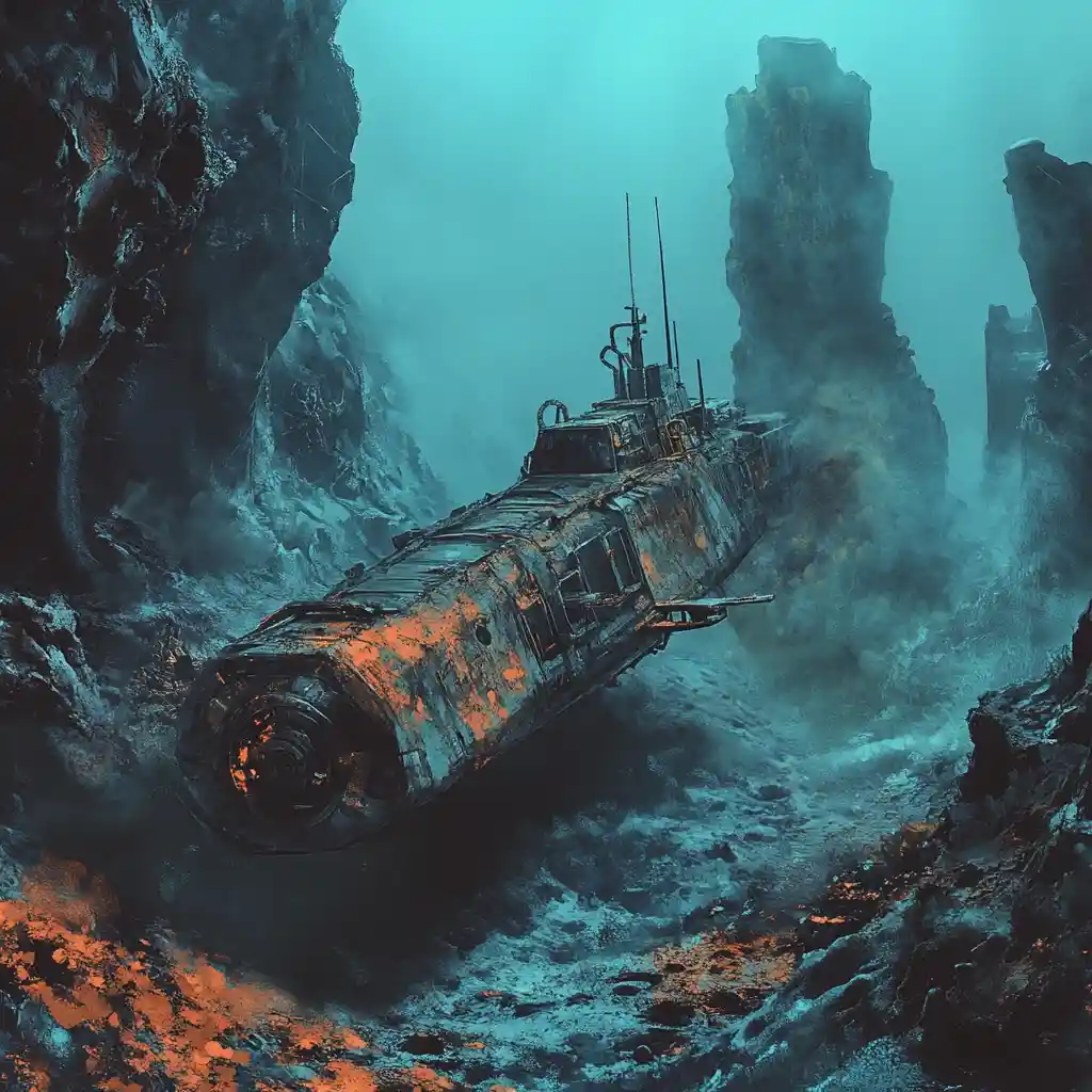 Lonely submersible on an eerie skeletal ocean floor
