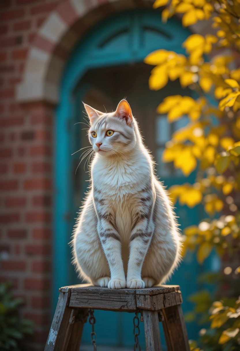 White tabby cat on rustic ladder in warm backlight
