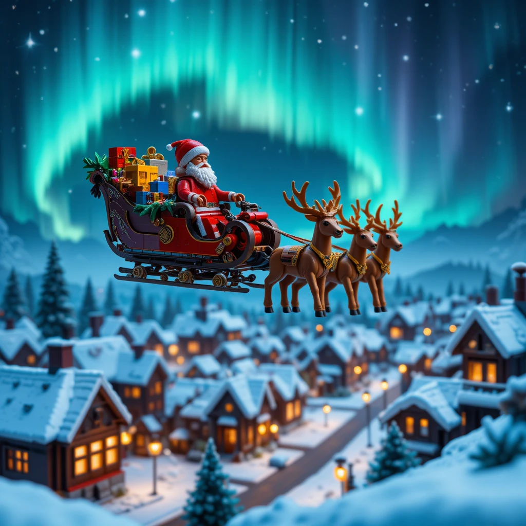 Lego Santa sleigh flying above a snowy winter city